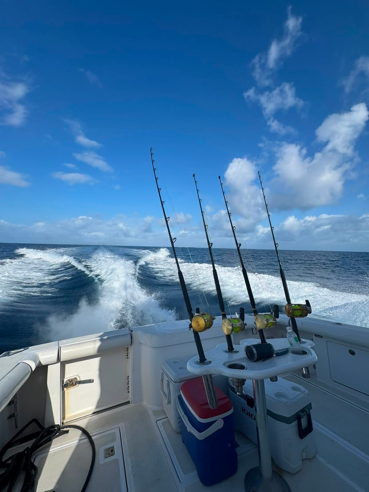 Trolling spread out the back of the boat under a bright Belize sky